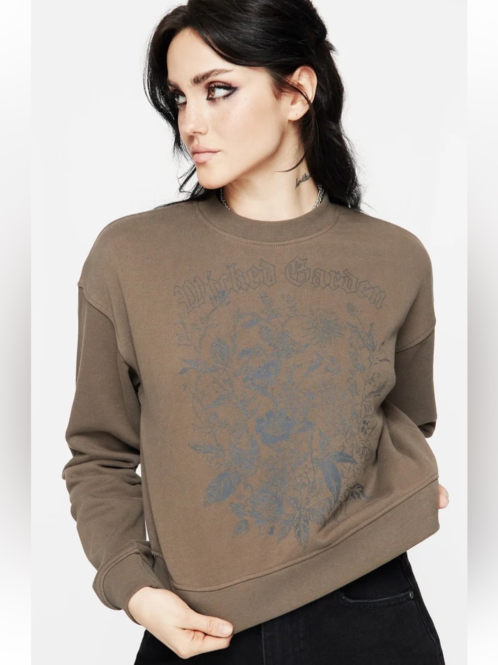 Disturbia Wicked Garden Olive Cropped Crewneck Whimsigoth Sweatshirt 🖤